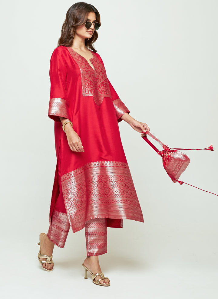 Red Silk Kurta Pants Set