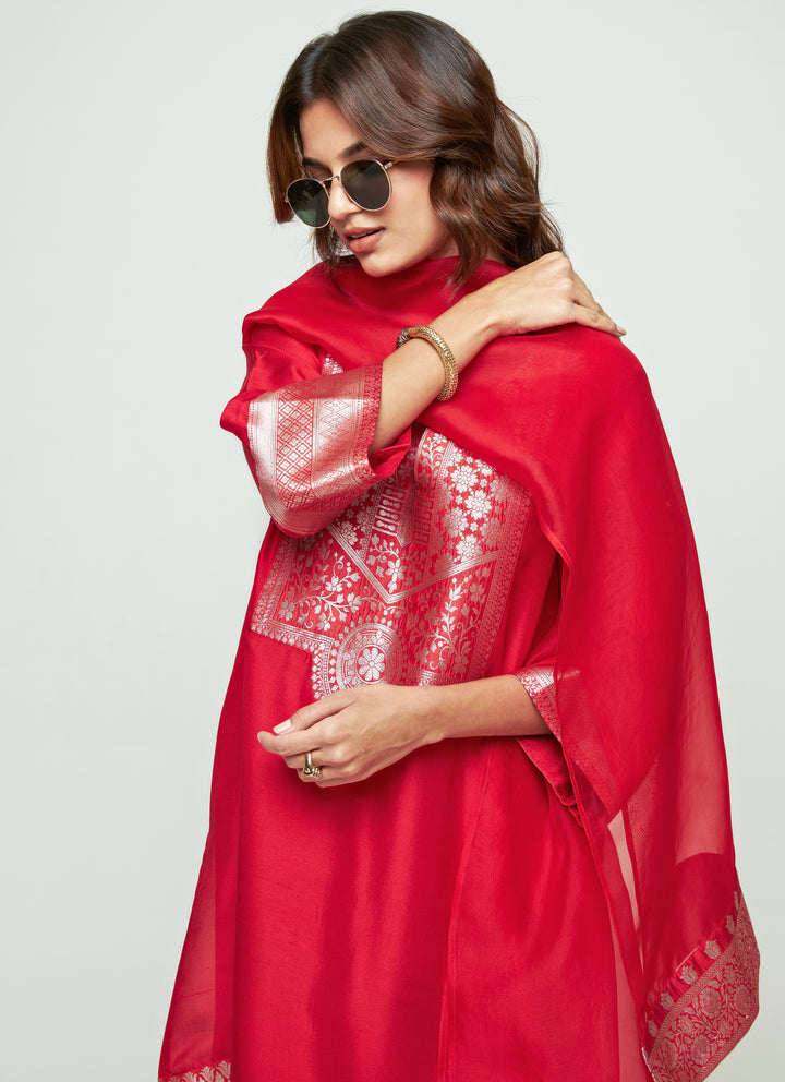 Red Silk Kurta Pants Set