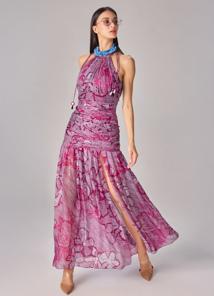 Purple Bandhani And Floral Print Halter Maxi Dress