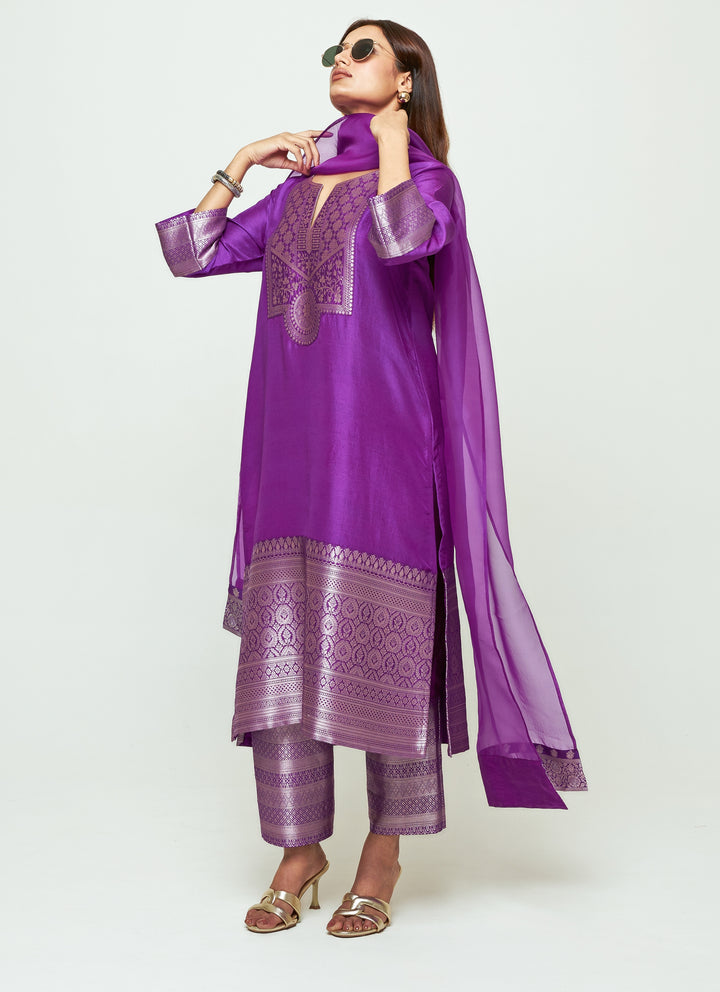 Purple Silk Kurta Pants Set