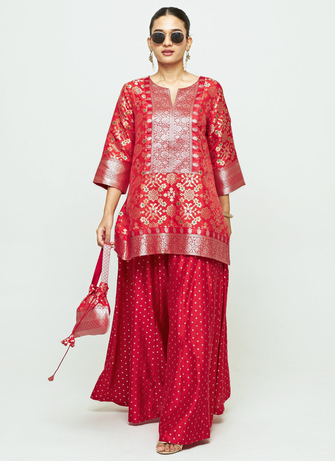 Red Brocade Kurta Sharara Set