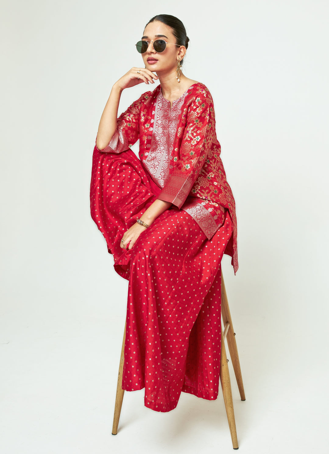 Red Brocade Kurta Sharara Set