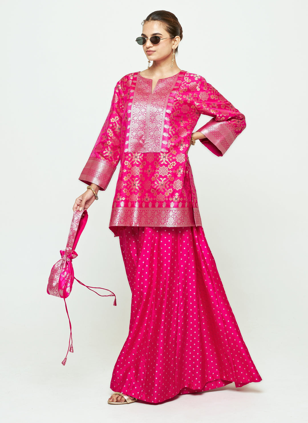 Pink Brocade Kurta Sharara Set