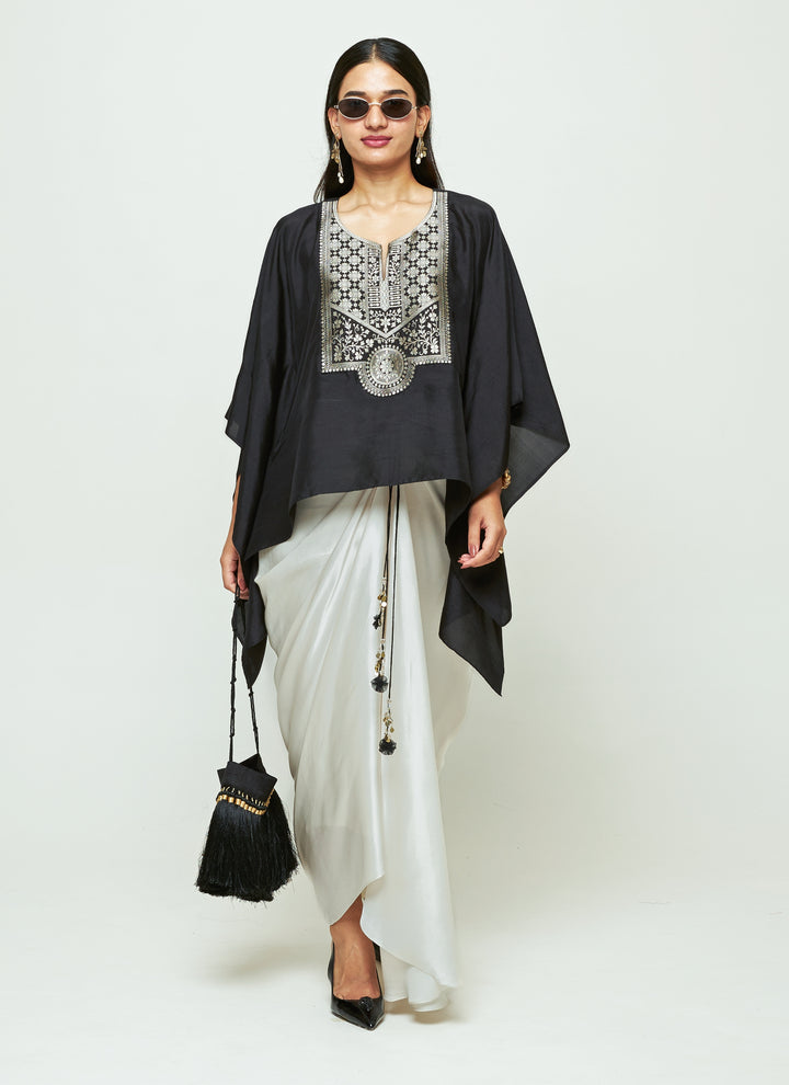 Black Silk Kaftan With White Draped Skirt Set