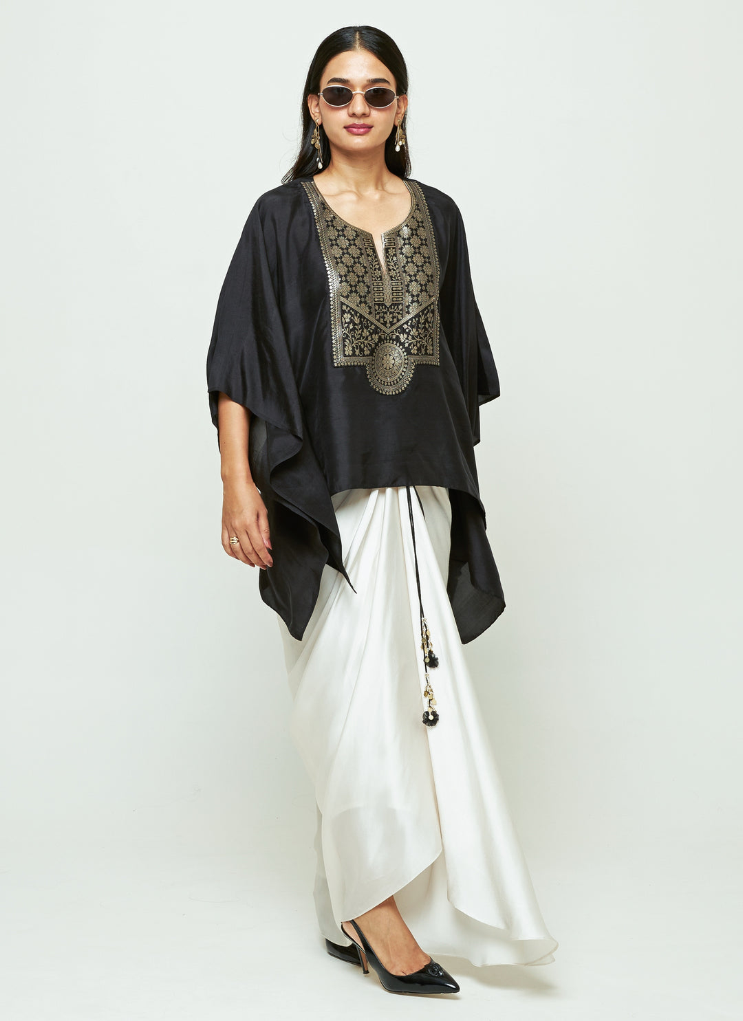 Black Silk Kaftan With White Draped Skirt Set