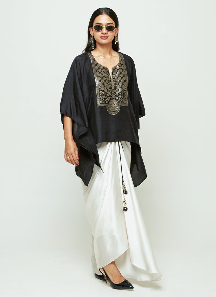 Black Silk Kaftan With White Draped Skirt Set