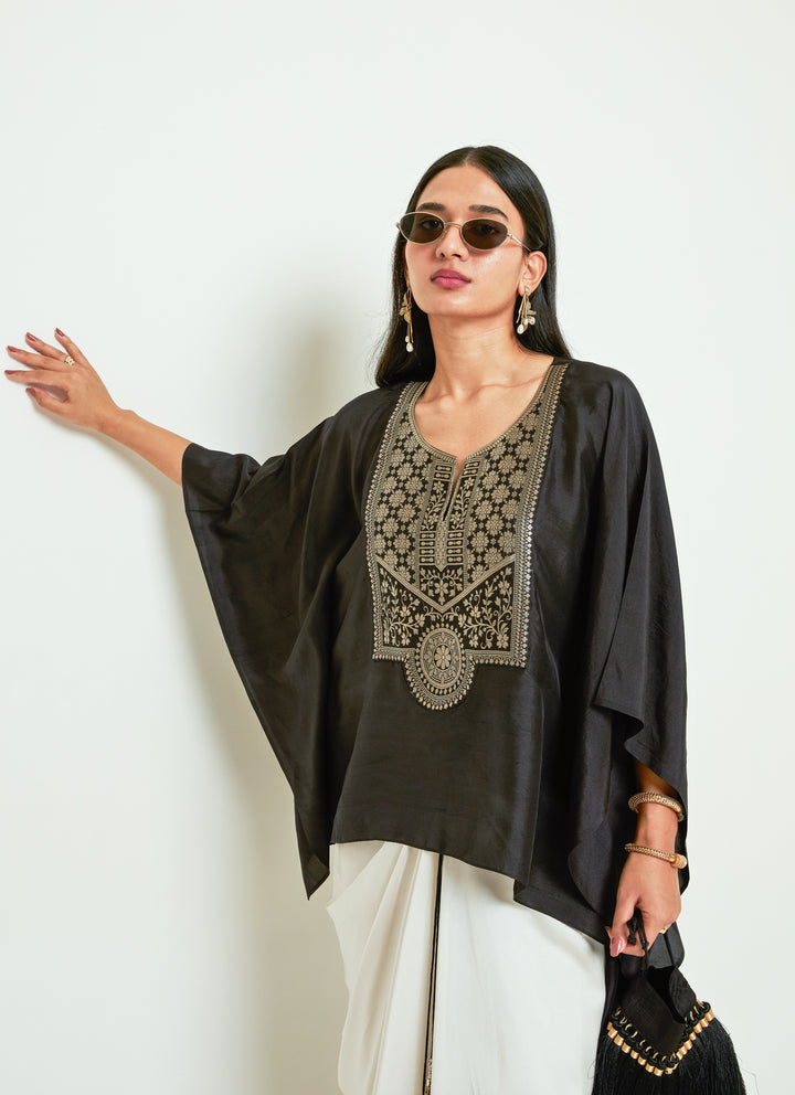 Black Silk Kaftan With White Draped Skirt Set