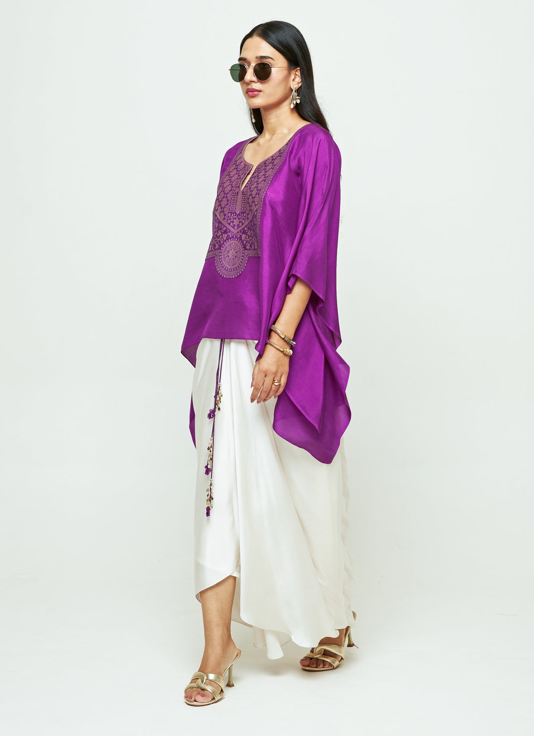 Purple Silk Kaftan With White Draped Skirt Set