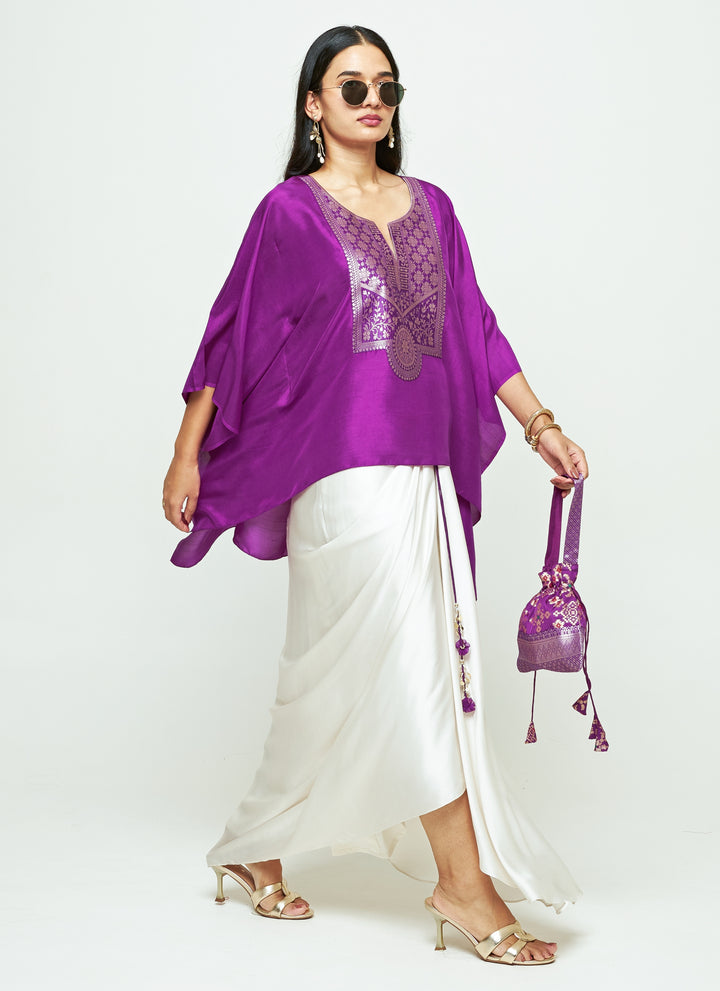 Purple Silk Kaftan With White Draped Skirt Set