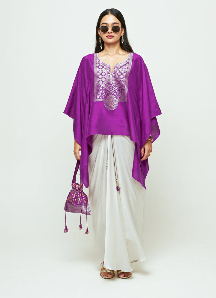 Purple Silk Kaftan With White Draped Skirt Set