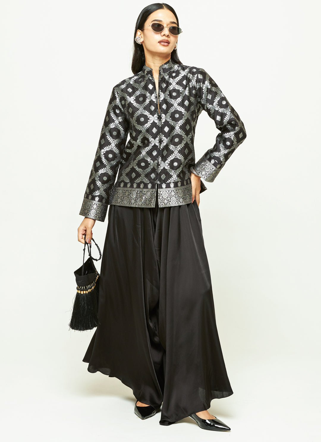 Black Brocade Silk Jacket Pants Set
