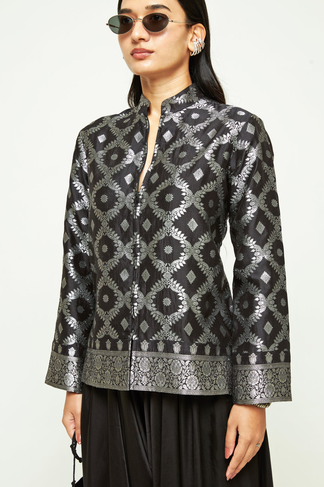 Black Brocade Silk Jacket Pants Set