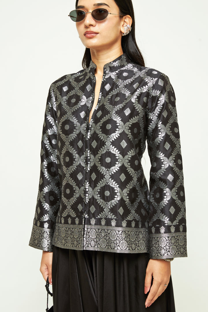 Black Brocade Silk Jacket Pants Set