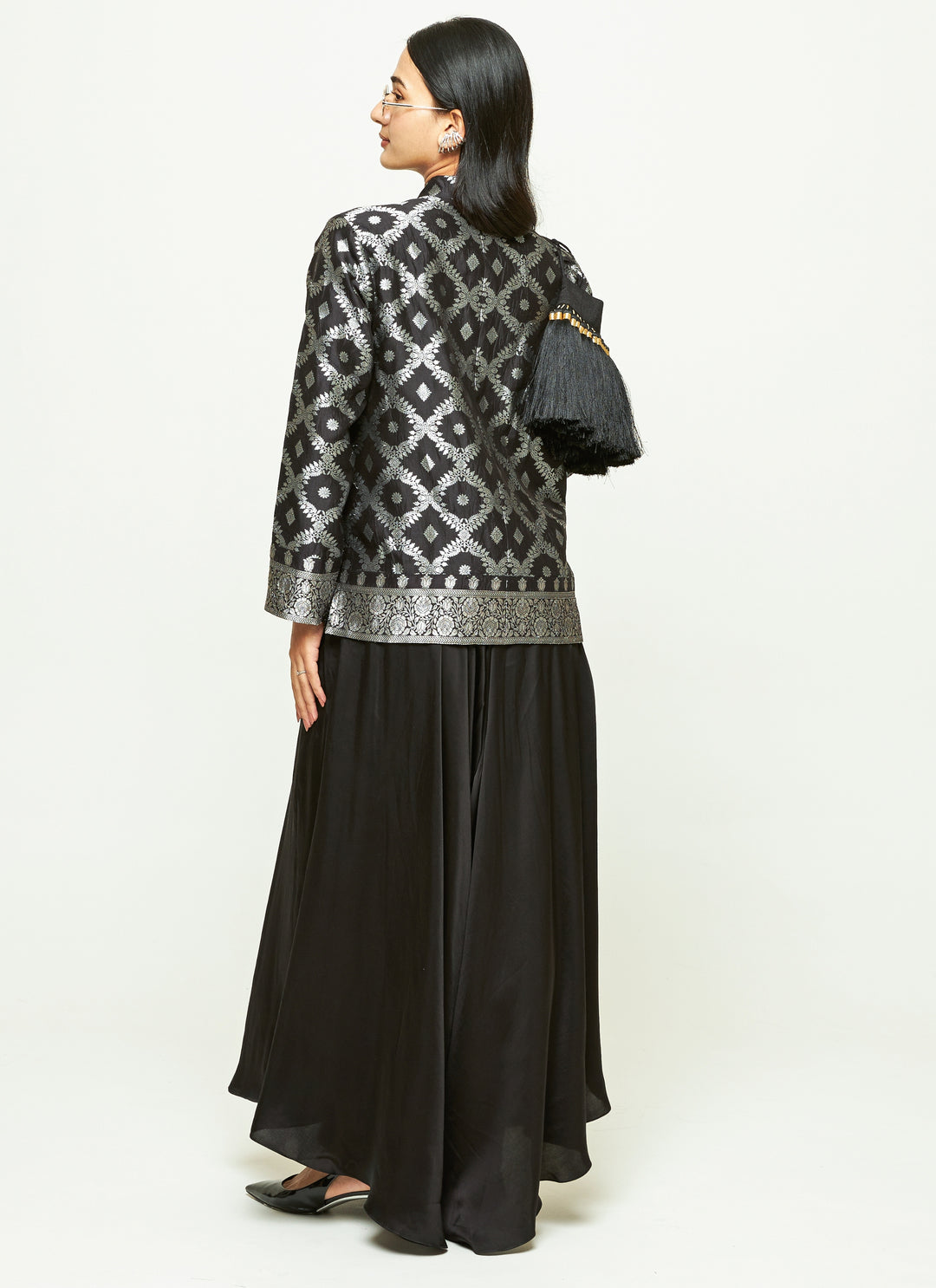 Black Brocade Silk Jacket Pants Set