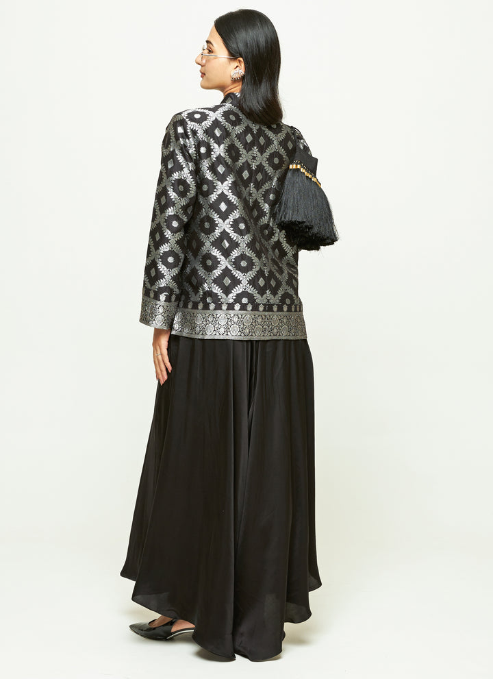 Black Brocade Silk Jacket Pants Set
