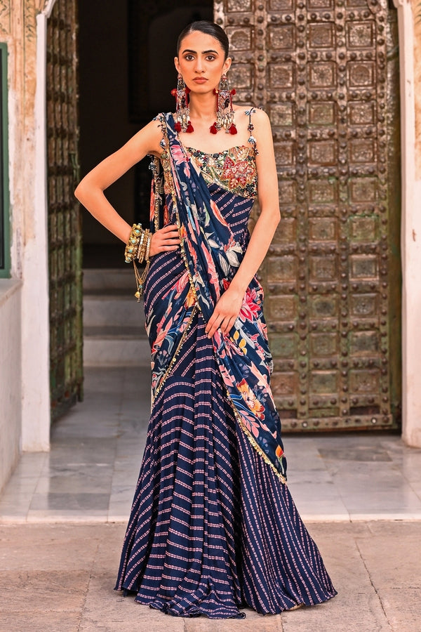 Juhi Bengani midnight blue printed chinon pre-draped saree with corset for a sangeet