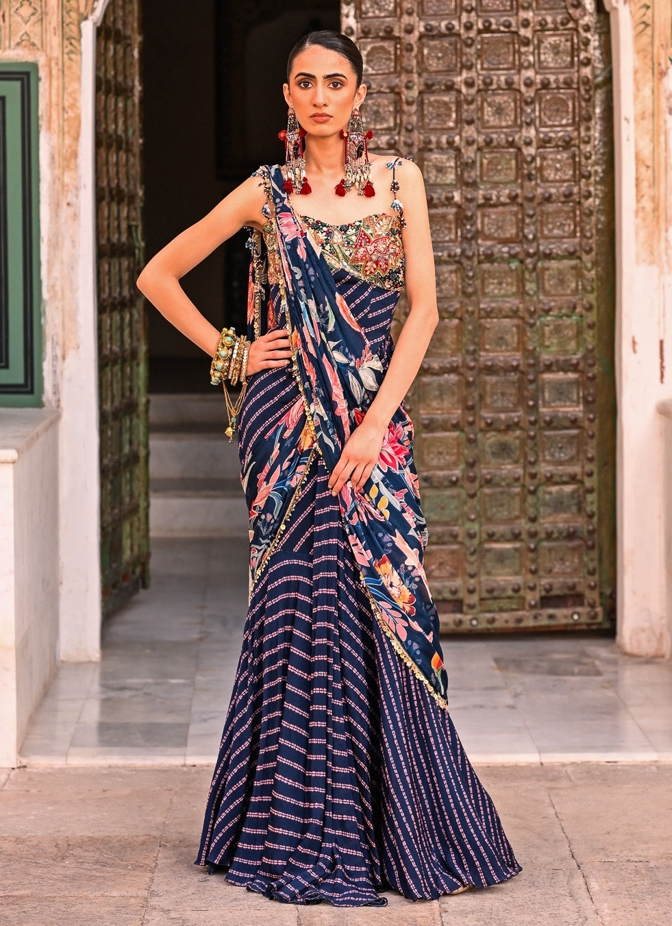 Midnight Blue Printed Chinon Pre-Draped Saree With Corset