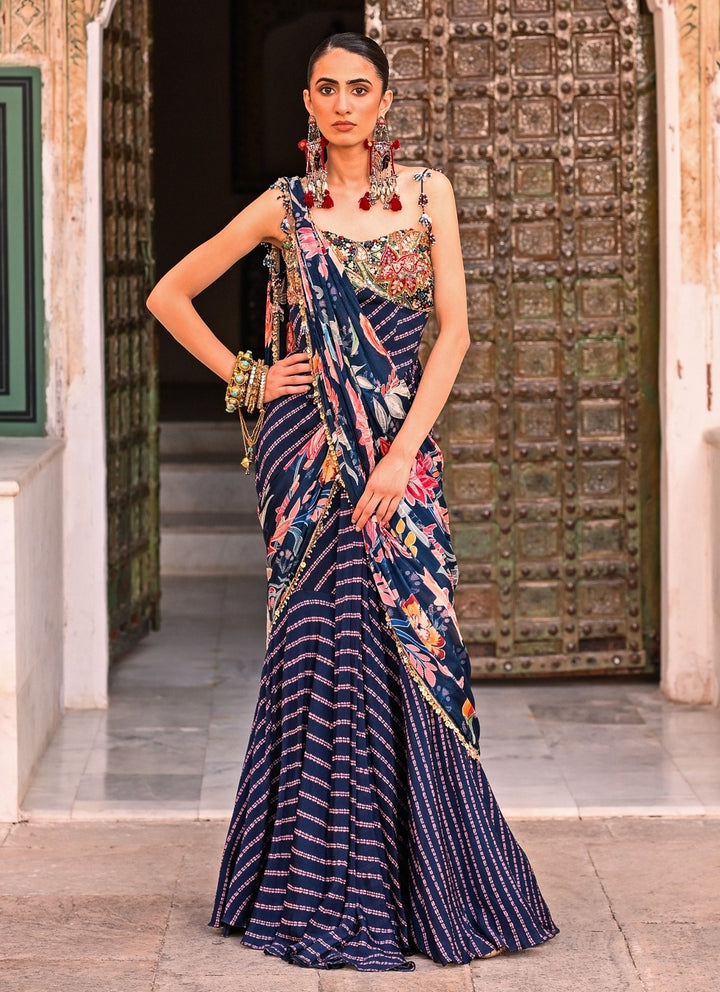 Midnight Blue Printed Chinon Pre-Draped Saree With Corset