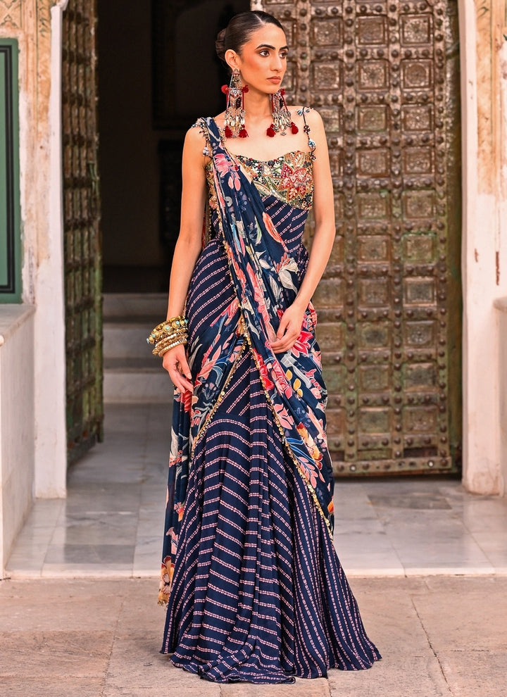 Midnight Blue Printed Chinon Pre-Draped Saree With Corset