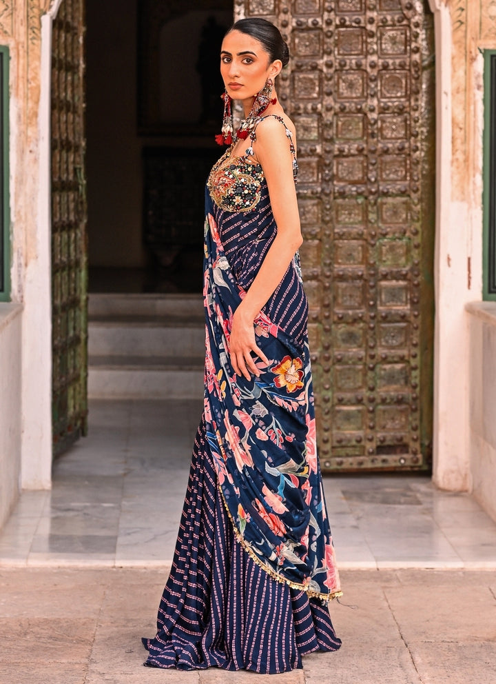 Midnight Blue Printed Chinon Pre-Draped Saree With Corset