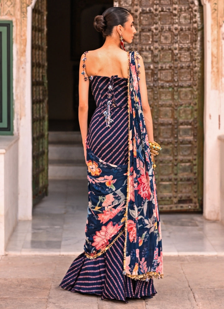 Midnight Blue Printed Chinon Pre-Draped Saree With Corset