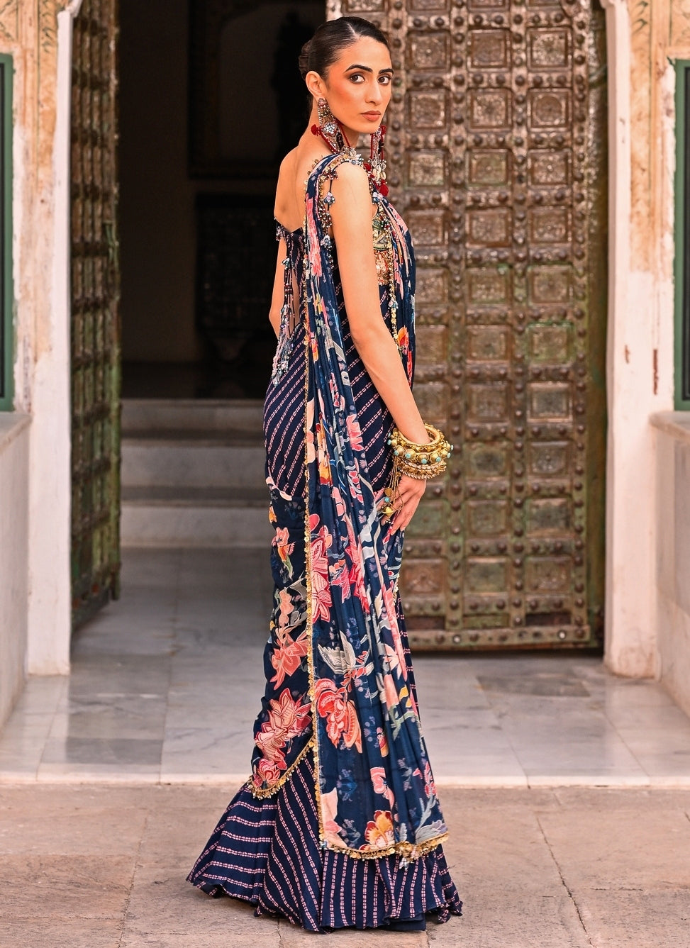 Midnight Blue Printed Chinon Pre-Draped Saree With Corset