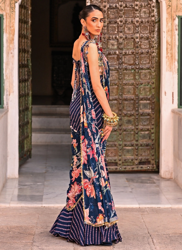 Midnight Blue Printed Chinon Pre-Draped Saree With Corset