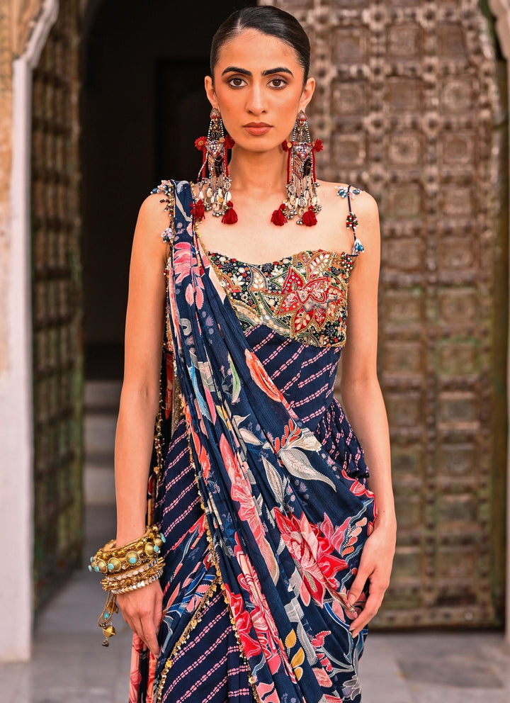 Midnight Blue Printed Chinon Pre-Draped Saree With Corset