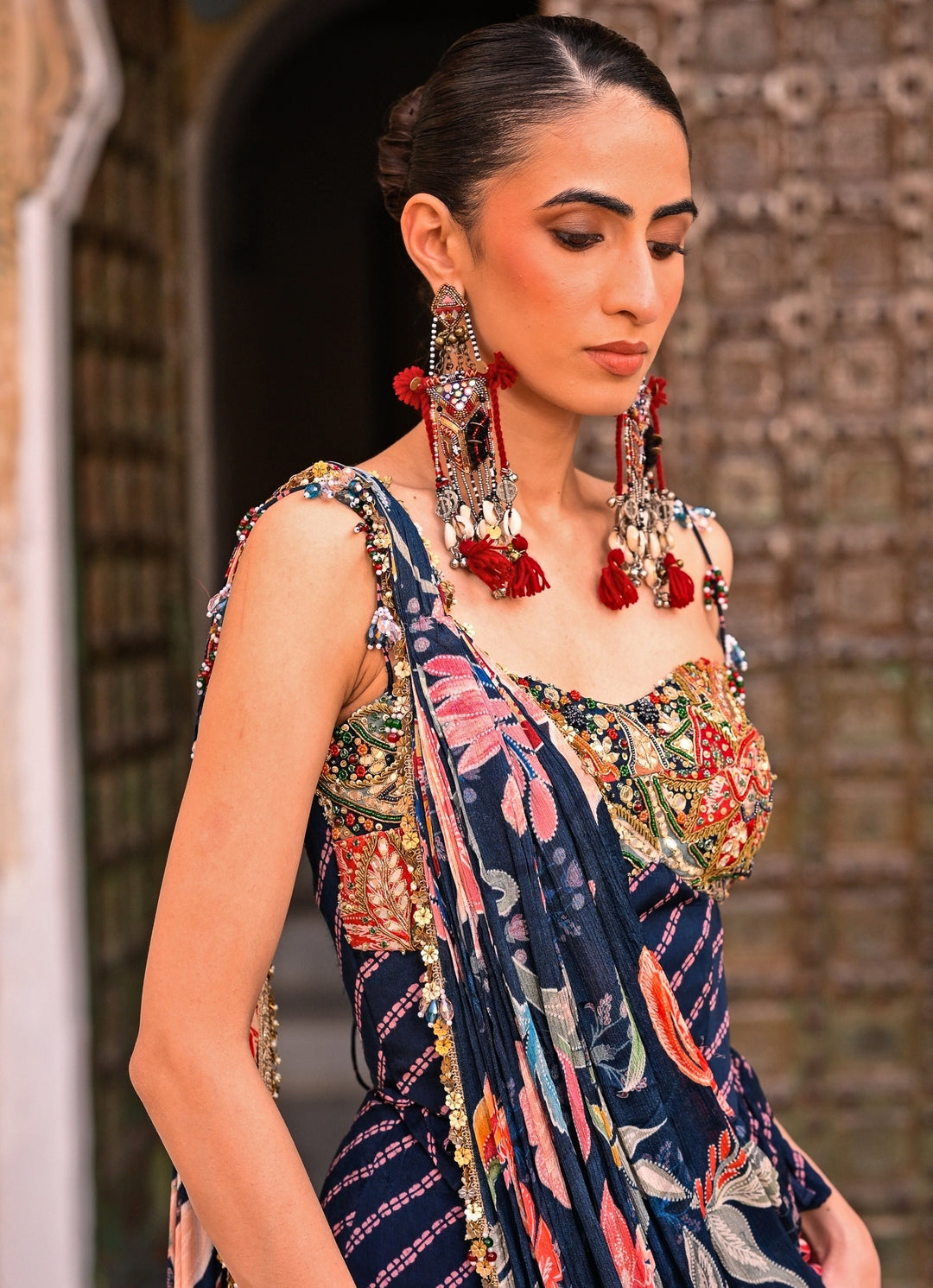 Midnight Blue Printed Chinon Pre-Draped Saree With Corset