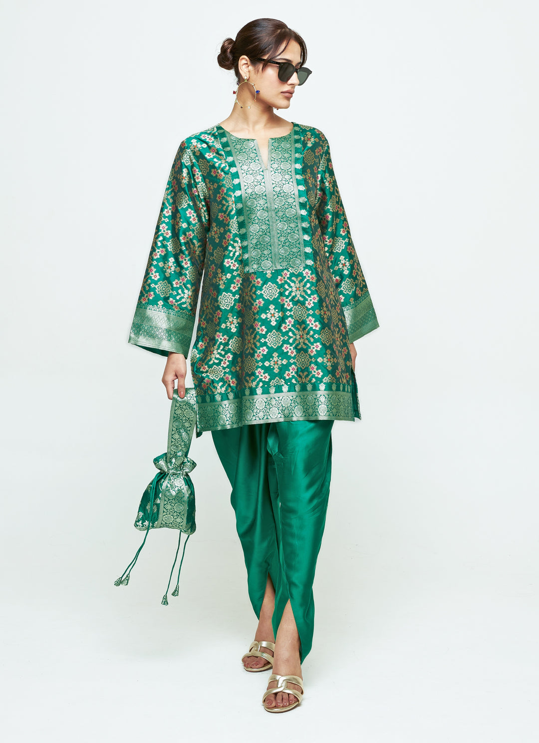 Green Brocade Silk Kurta Dhoti Set
