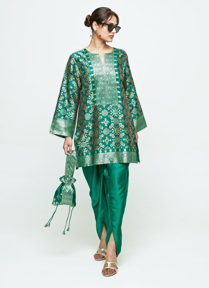 Green Brocade Silk Kurta Dhoti Set