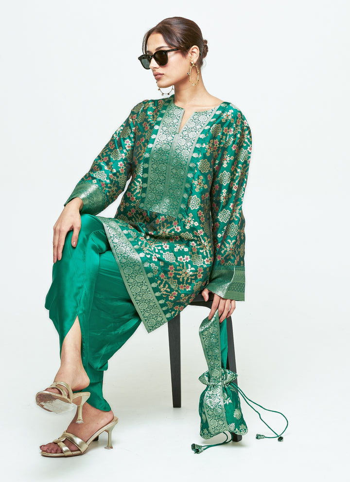 Green Brocade Silk Kurta Dhoti Set