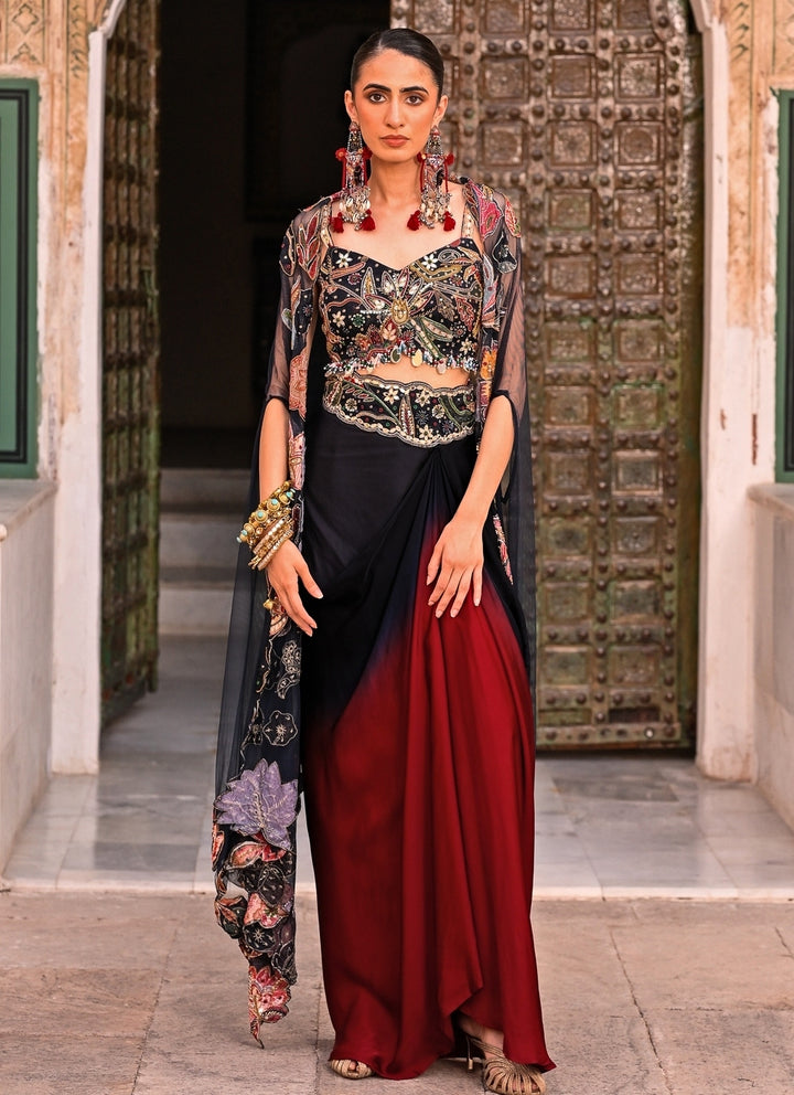 Maroon Red And Black Cowl Skirt Set With Cape
