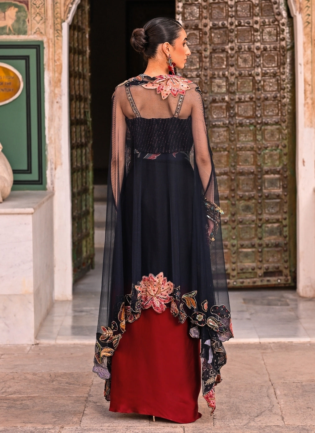 Maroon Red And Black Cowl Skirt Set With Cape