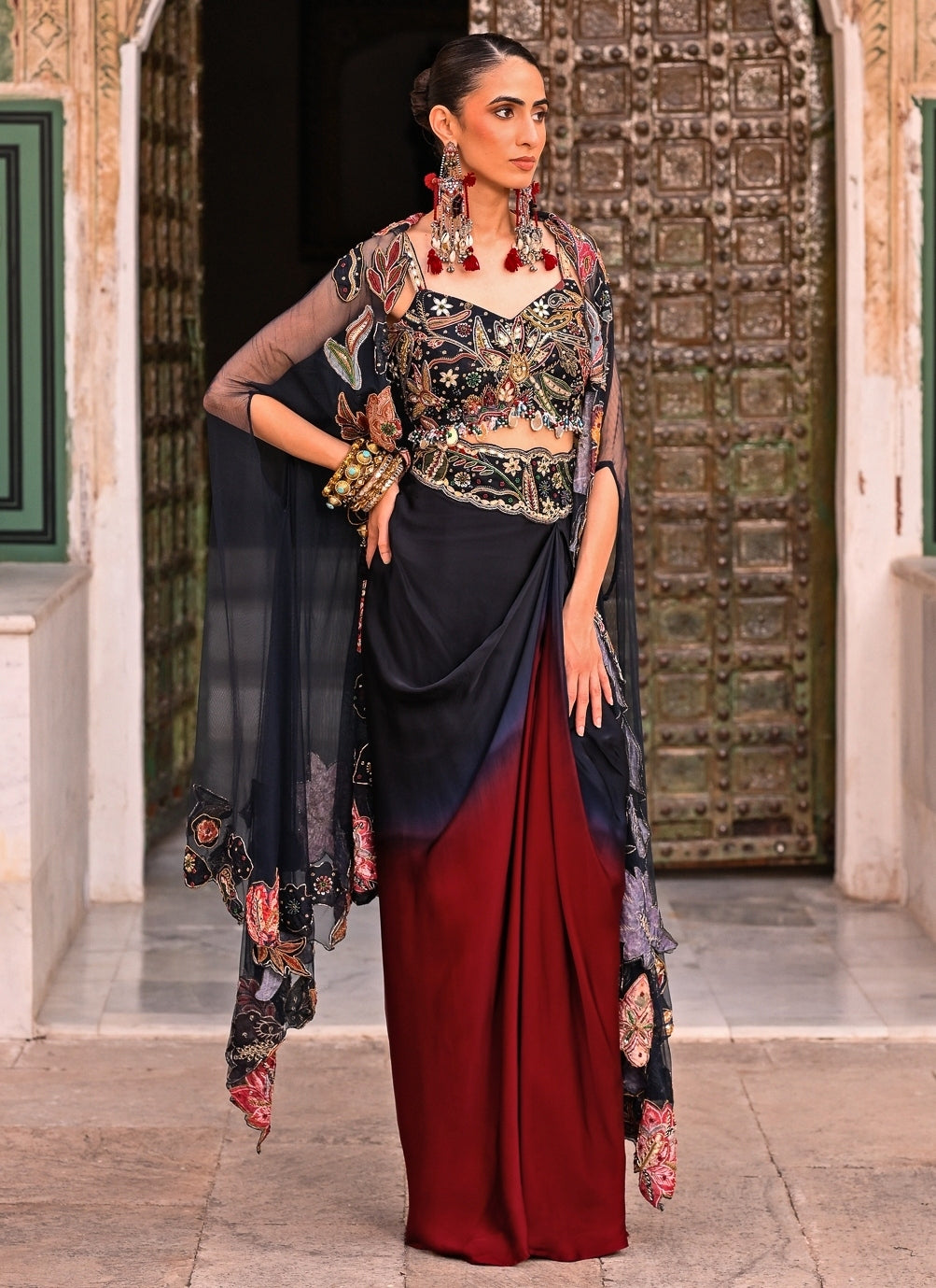 Maroon Red And Black Cowl Skirt Set With Cape