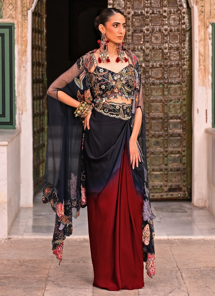 Maroon Red And Black Cowl Skirt Set With Cape