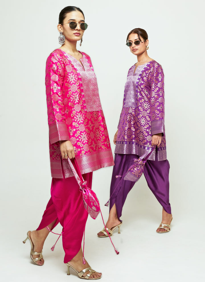 Pink Brocade Silk Kurta Dhoti Set