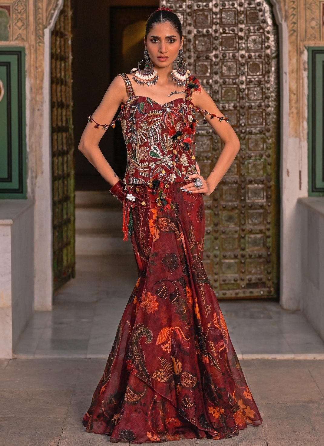 Maroon Red Printed Organza Concept Saree With Corset