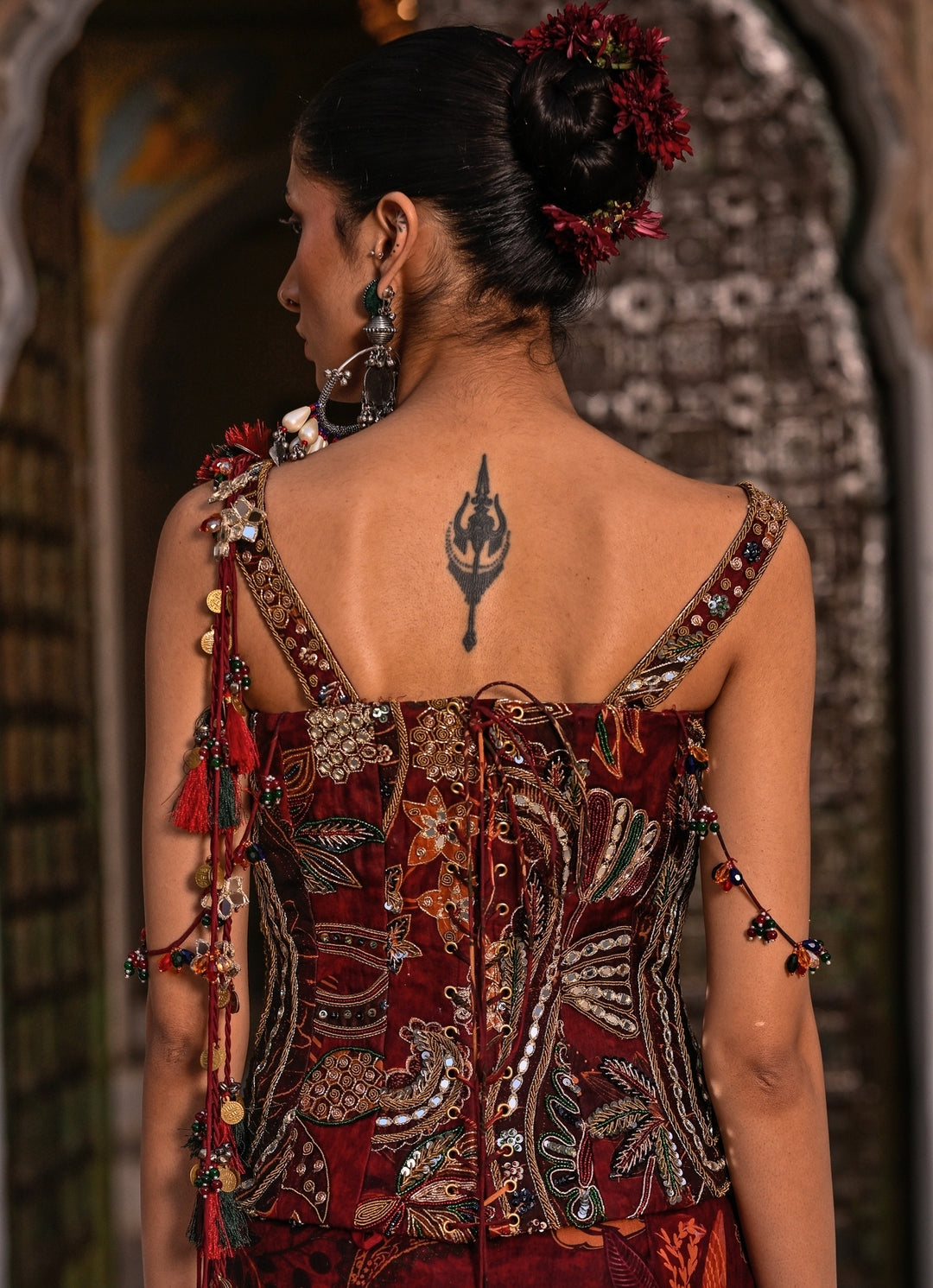 Maroon Red Printed Organza Concept Saree With Corset