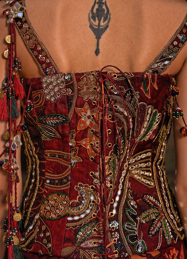 Maroon Red Printed Organza Concept Saree With Corset