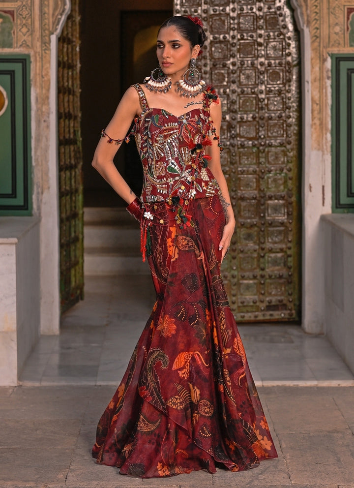 Maroon Red Printed Organza Concept Saree With Corset