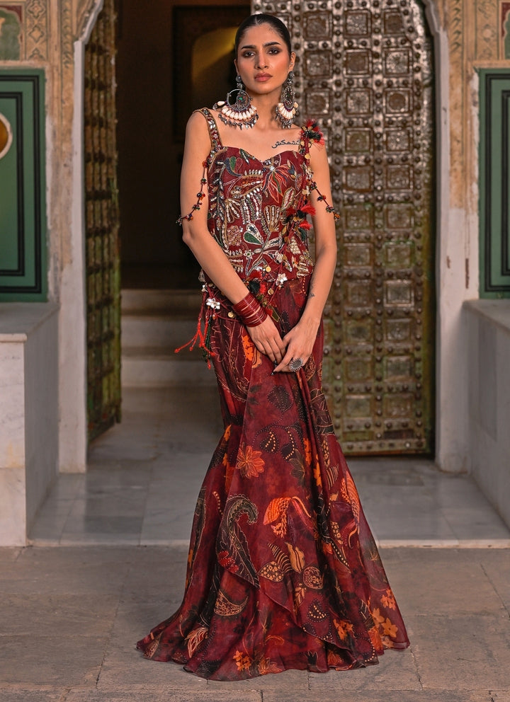 Maroon Red Printed Organza Concept Saree With Corset