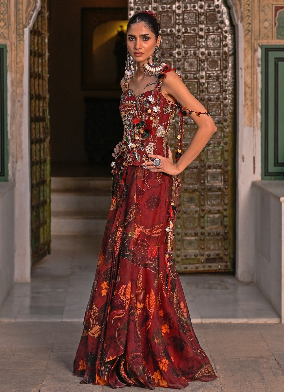 Maroon Red Printed Organza Concept Saree With Corset