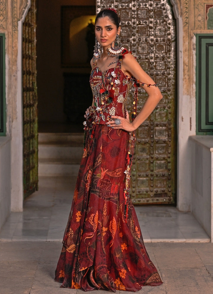Maroon Red Printed Organza Concept Saree With Corset