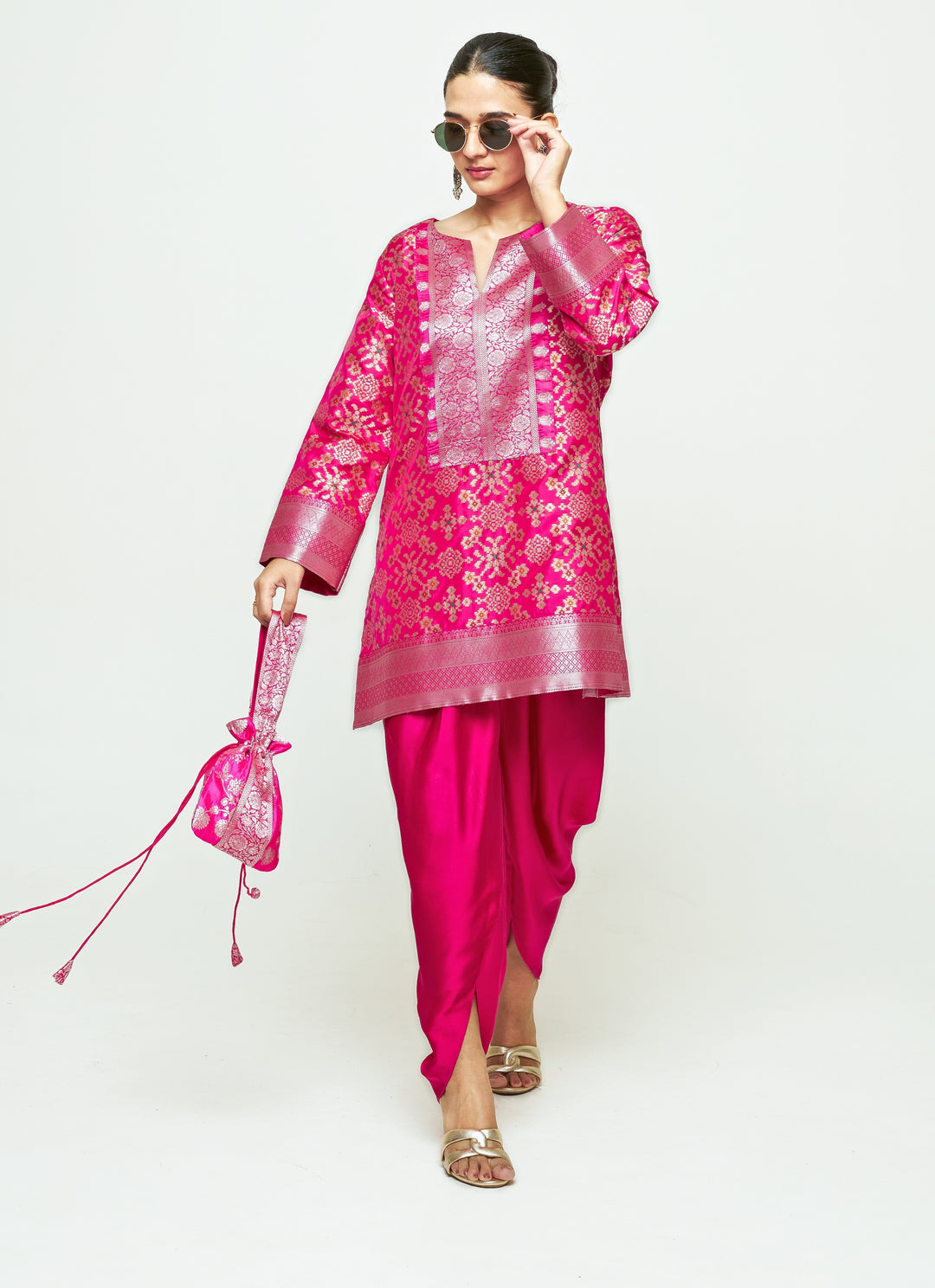 Pink Brocade Silk Kurta Dhoti Set