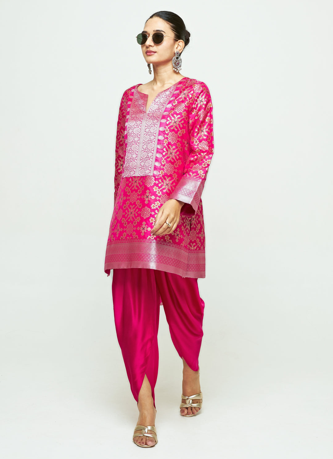 Pink Brocade Silk Kurta Dhoti Set