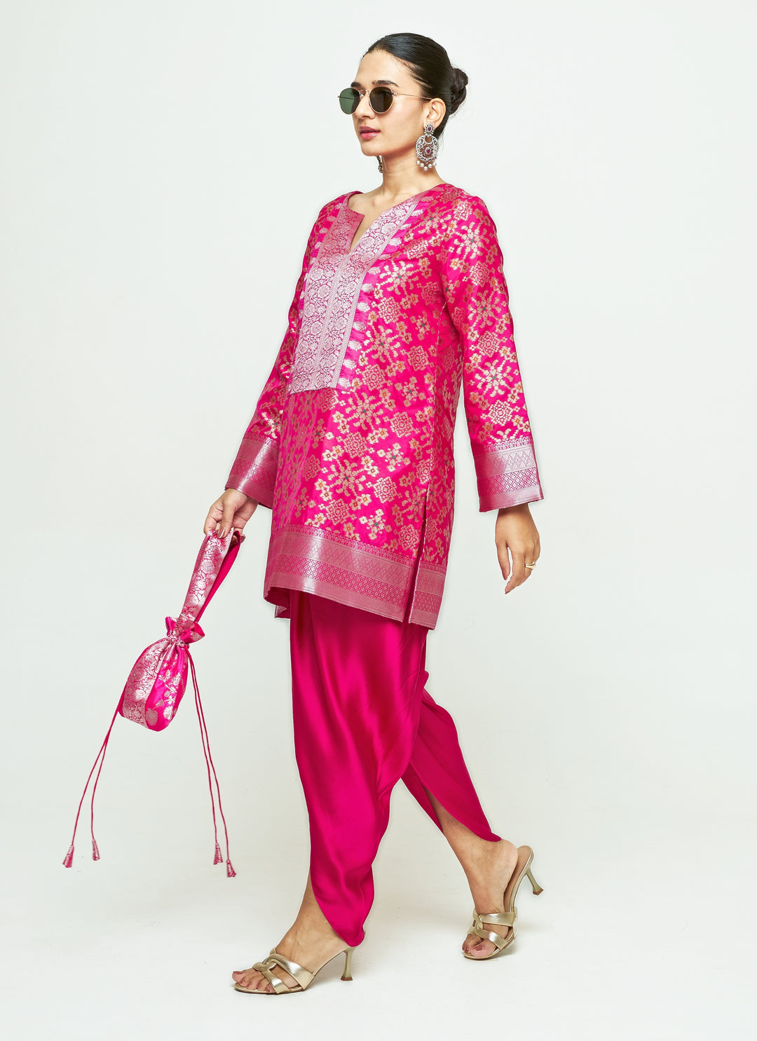 Pink Brocade Silk Kurta Dhoti Set