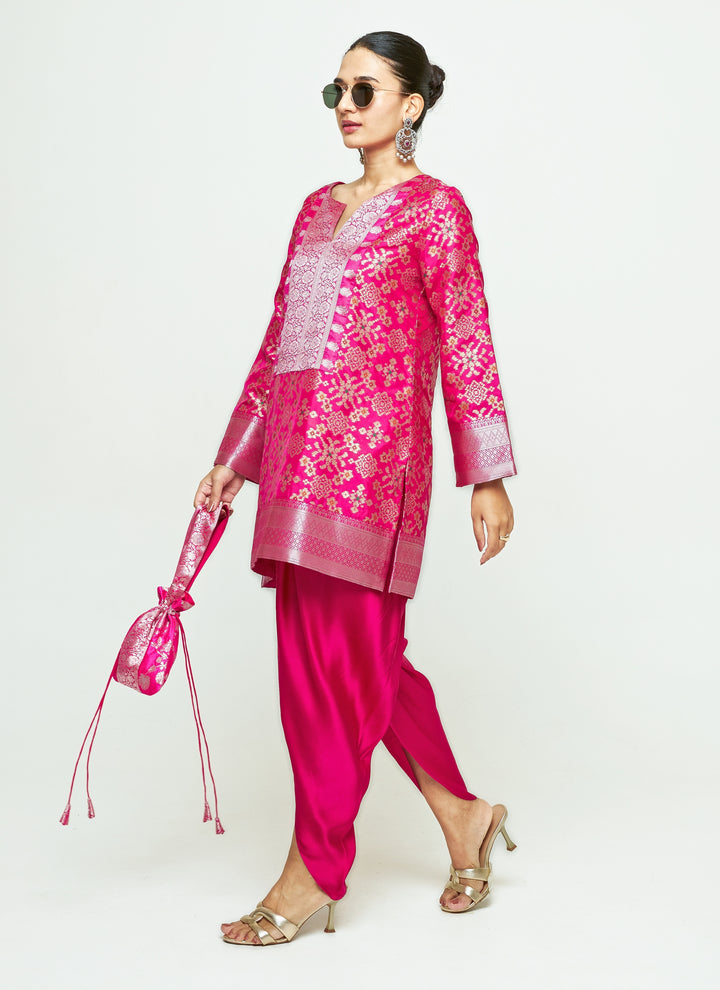 Pink Brocade Silk Kurta Dhoti Set