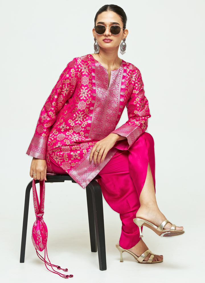 Pink Brocade Silk Kurta Dhoti Set
