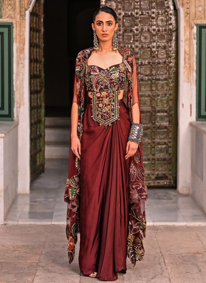 Maroon Red Satin Cowl Skirt Set With Cape